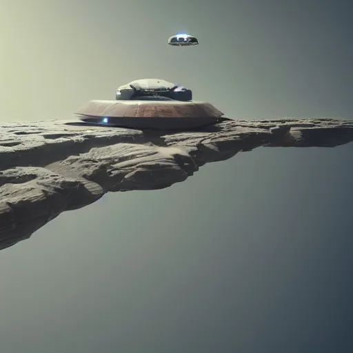 Image similar to A futuristic flying vehicle hovering the surface of Mars, wide angle, low angle shot, mood lighting, Behance, digital art in the style of Oblivion movie, by Beeple, trending on Artstation