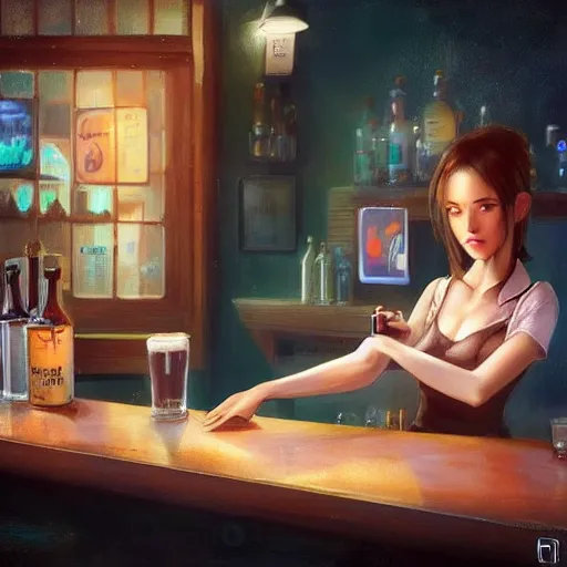 Image similar to a beautiful barmaid trying to cheer up a gloomy guy, sitting in a dark pub at the corner , made by Stanley Artgerm Lau, WLOP, Rossdraws, ArtStation, CGSociety, concept art, cgsociety, octane render, trending on artstation, artstationHD, artstationHQ, unreal engine, 4k, 8k,