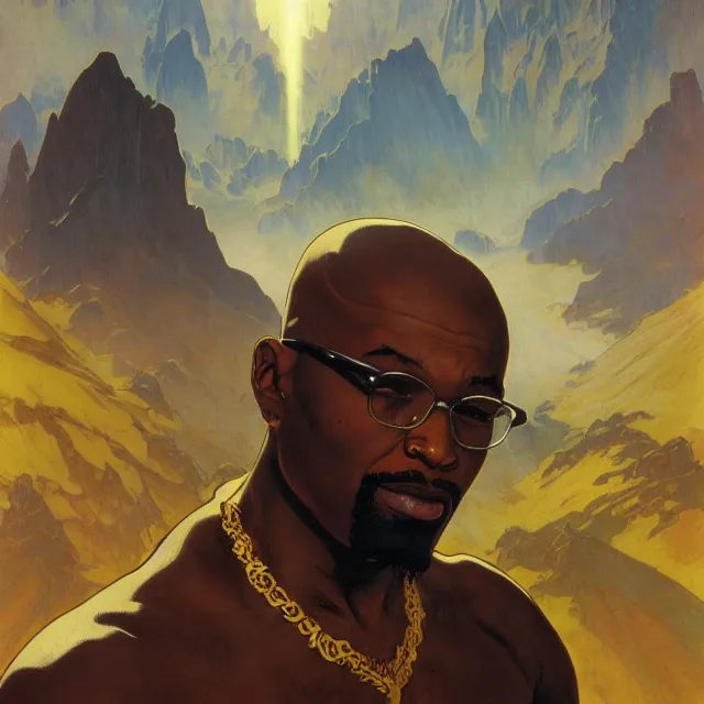 Prompt: an aesthetic! a detailed image of a black man, bald head, spectacles, with mountains of gold in the background, by frank frazetta and alphonse mucha, oil on canvas, art nouveau dungeons and dragons fantasy art, hd, god rays, ray tracing, crisp contour lines, huhd