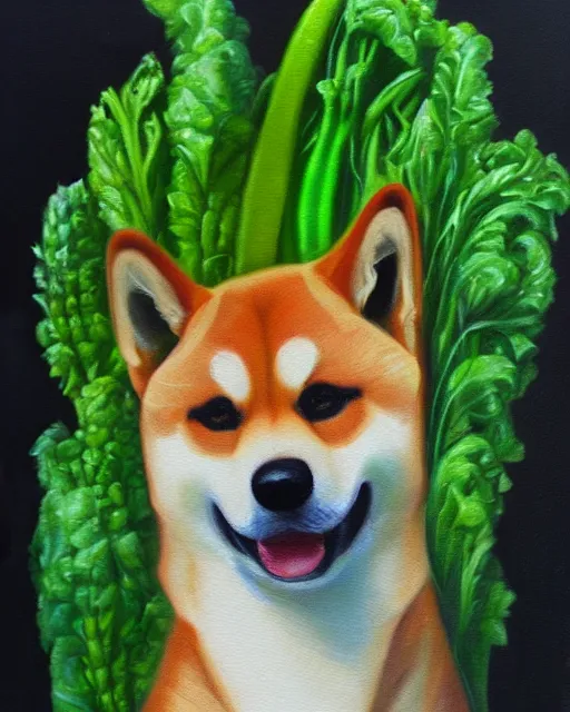 Image similar to shiba made of vegetables, oil painting, portrait