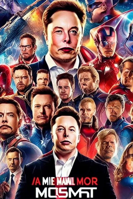 Image similar to a marvel movie poster where all of the faces are of elon musk