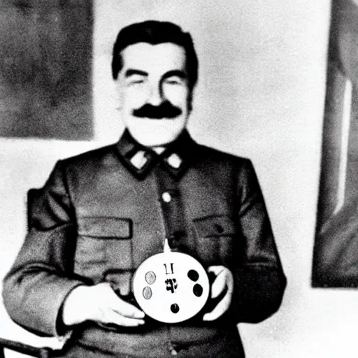 Image similar to Old photograph of Stalin excitedly holding up a Tamagotchi