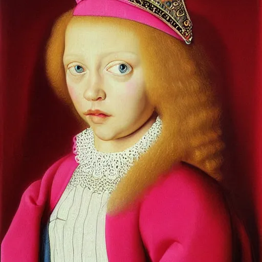 Image similar to beautiful blonde princess in pink dress, hyperrealism oil painting, jan van eyck