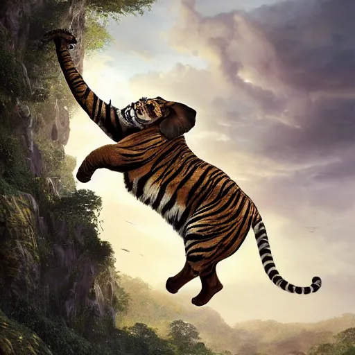 Image similar to beautiful tiger elephant leaping through the sky, epic composition, hyper detailed, digital art, trending in artstation, cinematic lighting, studio quality, unreal engine 5 rendered, art style by klimt and nixeu and ian sprigger and wlop and krenz cushart