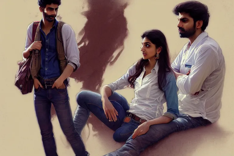 Image similar to Anxious good looking pale young Indian doctors wearing jeans and shirts at the airport, portrait, elegant, intricate, digital painting, artstation, concept art, smooth, sharp focus, illustration, art by artgerm and greg rutkowski and alphonse mucha