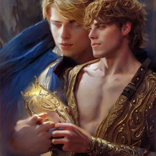 Image similar to attractive male, arthur pendragon who has blond hair confesses his love to attractive male, merlin who has dark hair. highly detailed painting by gaston bussiere, craig mullins, j. c. leyendecker 8 k