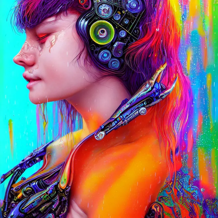 Image similar to bright psychedelic portrait of cyborg girl with rain on face and wet hair, wings, smiling, diffuse lighting, fantasy, intricate, elegant, highly detailed, lifelike, photorealistic, digital painting, artstation, illustration, concept art, smooth, sharp focus, art by John Collier and Albert Aublet and Krenz Cushart and Artem Demura and Alphonse Mucha