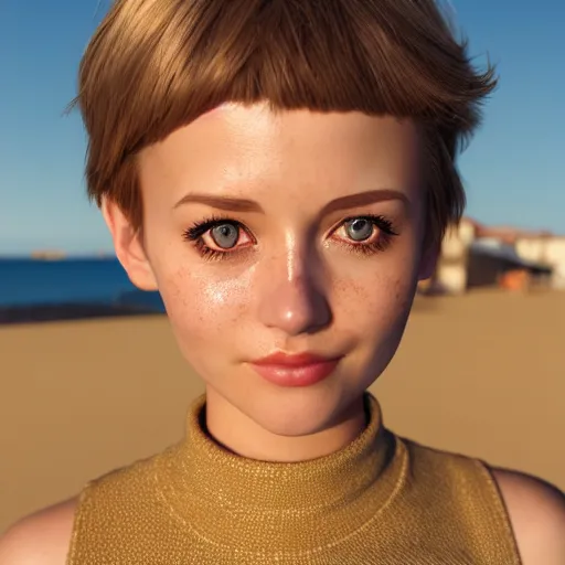 Prompt: Render of a very beautiful 3d anime girl, short blonde hair, hazel eyes, cute freckles, full round face, short smile, cute sundress, golden hour, serene beach setting, medium shot, mid-shot, highly detailed, trending on Artstation, Unreal Engine 4k