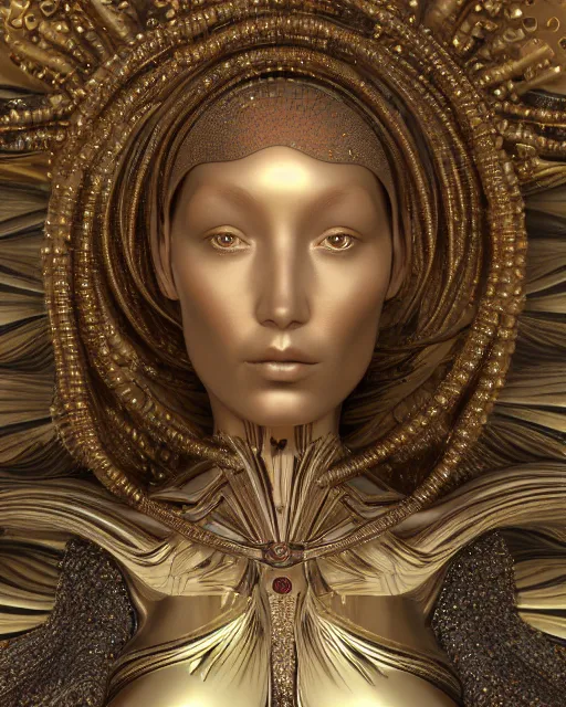 Prompt: a highly detailed metahuman 4 k close up render of an alien goddess bella hadid monument indian sculpture in iris van herpen dress schiaparelli in diamonds crystals swarovski and jewelry iridescent in style of alphonse mucha gustav klimt trending on artstation made in unreal engine 4