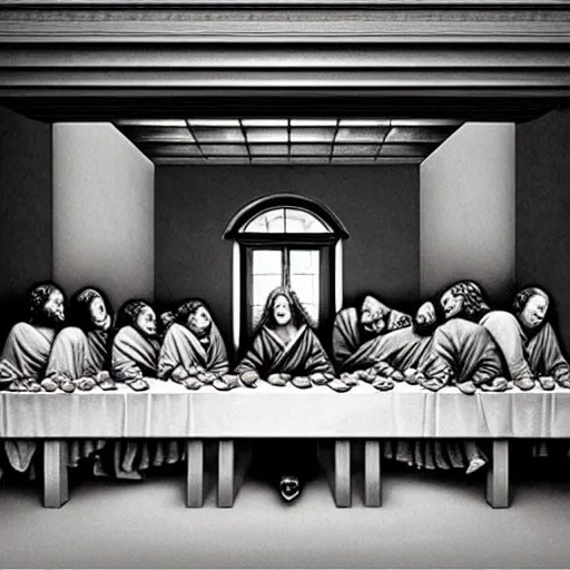 Image similar to Award Winning Editorial Masterpiece picture of a new York Soup Kitchen by David Bailey CBE, Composition The Last Supper daVinci