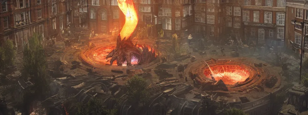 Prompt: large sinkhole in the middle of london westminster, with glowing spiked wyvern flying creatures emerging from the hole, in the style of monster hunter world, like concept art on artstation, hyperdetailed, vray render, octane render,