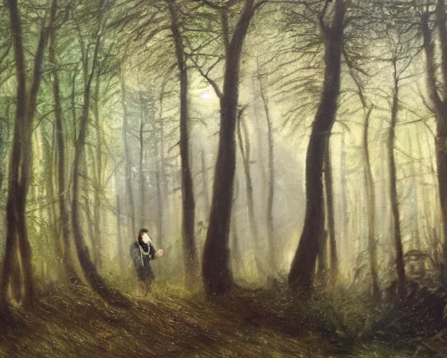 Prompt: an oil painting of michael mcintyre in a forest, intricate, elegant, highly detailed, turner