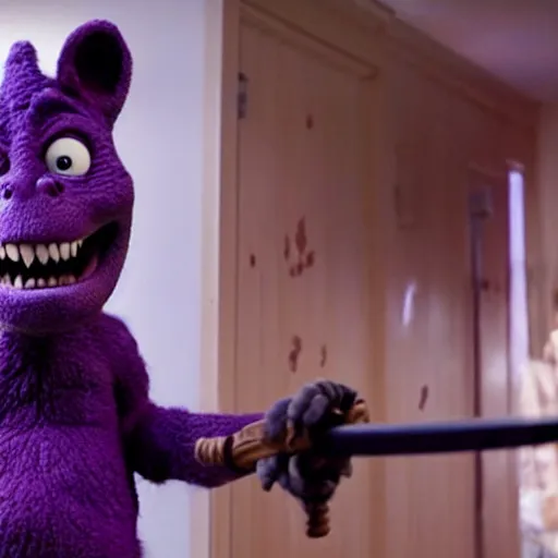 Image similar to movie still, screenshot from film, barney the dinosaur hiding in the shadows holding a katana, ready to kill, horror thriller movie, promotional, directed by m night shyamalan