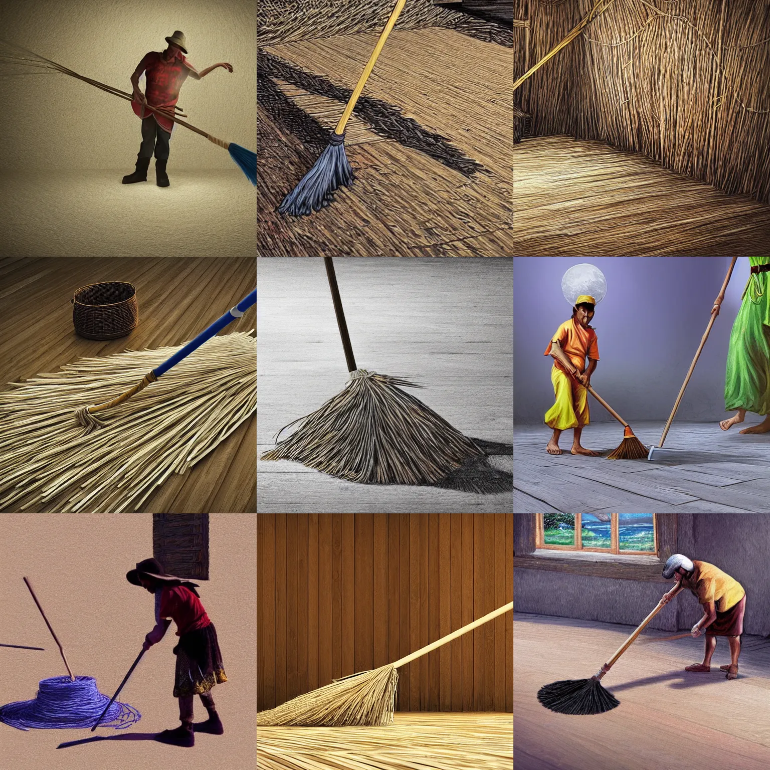 Prompt: fantasy art of a floating straw broom that is sweeping the floor of a hut, photorealistic