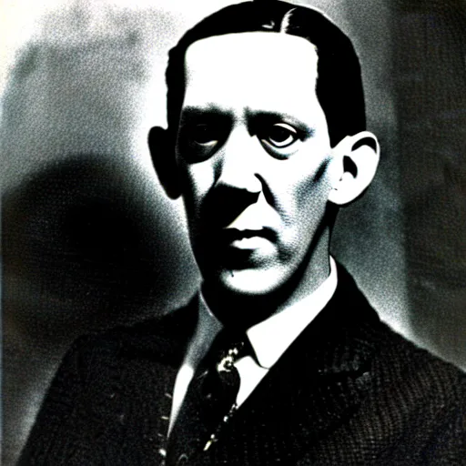 Prompt: h p lovecraft posing for a camera, holding up a nazir during an photoshoot for his early 2 0 0 0's techno album, cool coloring reminiscent of the 2 0 0 0 s