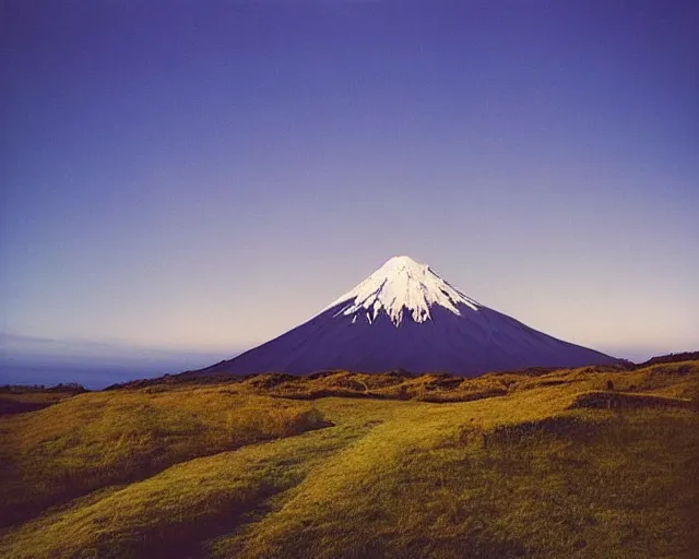 Image similar to A photo of Mt Taranaki in New Zealand at dawn, Long shot, shot on Ektachrome E100 film, rule of thirds, trending on Instagram, award winning photography