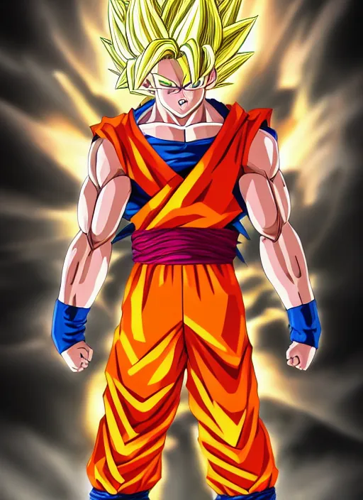 Image similar to a full portrait photo of super saiyan son goku, f / 2 2, 3 5 mm, 2 7 0 0 k, lighting, perfect faces, award winning photography.