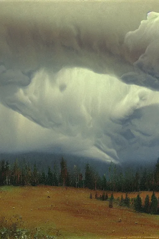 Image similar to mammatus pileus clouds over a summer landscape in the swiss alps forest and lake, arkhip kuindzhi