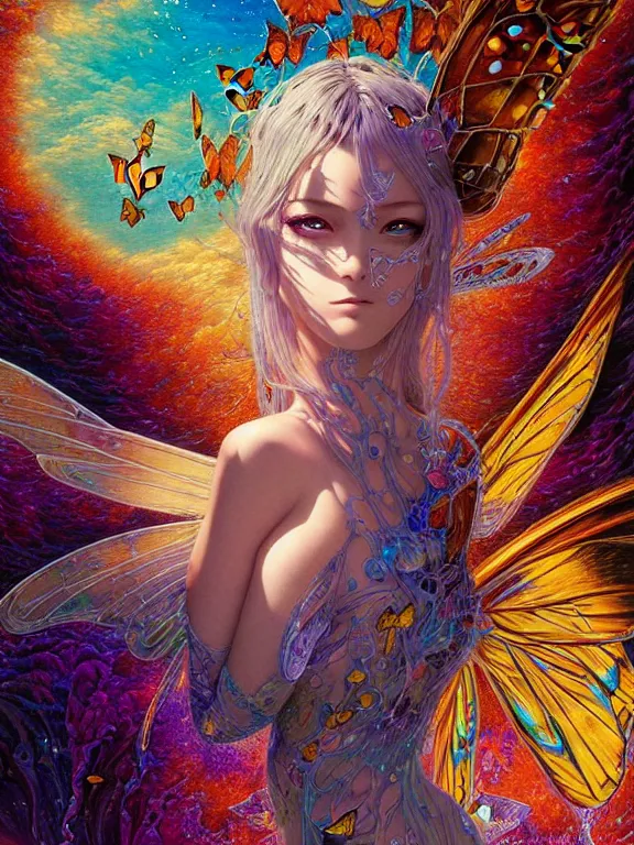 Prompt: ultra detailed illustration of a butterfly anime girl covered in liquid chrome, lost in a dreamy fairy multiverse, by Karol Bak, Johfra Bosschart, Moebius, dan mumford, Druillet colorful, front view, vivid colors, 8k, coherent, artgerm, anime vibes, octane render, uplifting, magical composition, artstation