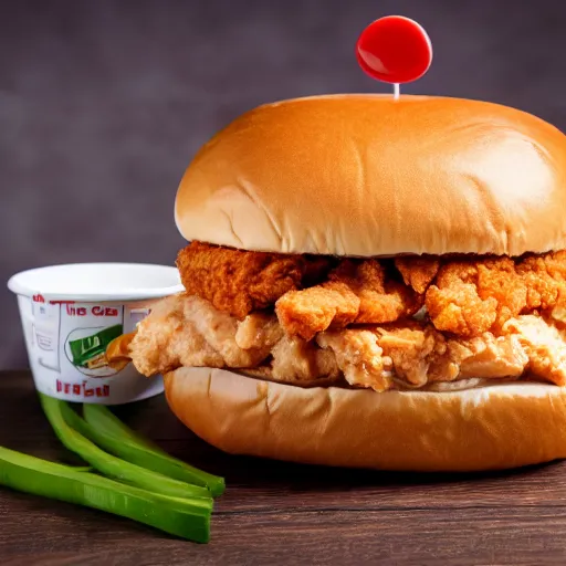 Prompt: a kfc chicken sandwich slathered in sauce, 4 k product photo