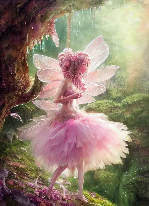 Prompt: A fairy princess with a tattered pink tutu, mushroom umbrella, moss, dewdrops, watercolor, dramatic lighting, cinematic, establishing shot, extremely high detail, foto realistic, cinematic lighting, pen and ink, intricate line drawings, by Yoshitaka Amano, Ruan Jia, Kentaro Miura, Artgerm, post processed, concept art, artstation, matte painting, style by eddie mendoza, raphael lacoste, alex ross,