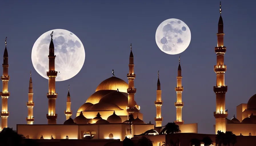 Prompt: photo of beautiful mosque under a giant full moon, glowing arabic symbols floating in the air, cinematic, extreme detail, sharp focus, masterpiece,