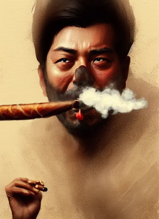 Prompt: Portrait of Shibu Inu smoking a cigar in his mouth blowing smoke, realistic, detailed, 4k by Greg Rutkowski Mark Arian trending on artstation