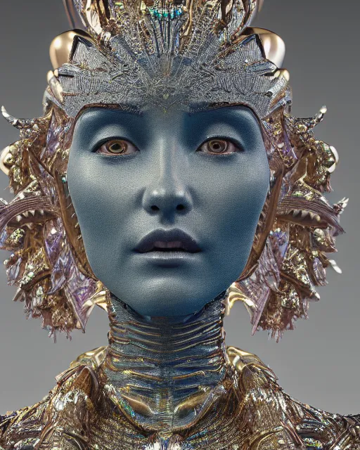 Image similar to a highly detailed metahuman 4 k close up render of an alien goddess bella hadid monument saint in iris van herpen dress schiaparelli in diamonds crystals swarovski and jewelry iridescent in style of alphonse mucha gustav klimt trending on artstation made in unreal engine 4