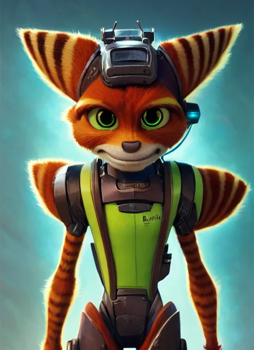 Image similar to Highly detailed portrait of Ratchet from ratchet and clank, Stephen Bliss, unreal engine, fantasy art by Greg Rutkowski, Loish, Rhads, ferdinand knab, Makoto Shinkai and Lois van baarle, ilya kuvshinov, rossdraws, Tom Bagshaw, alphonse mucha, global illumination, radiant light, detailed and intricate environment