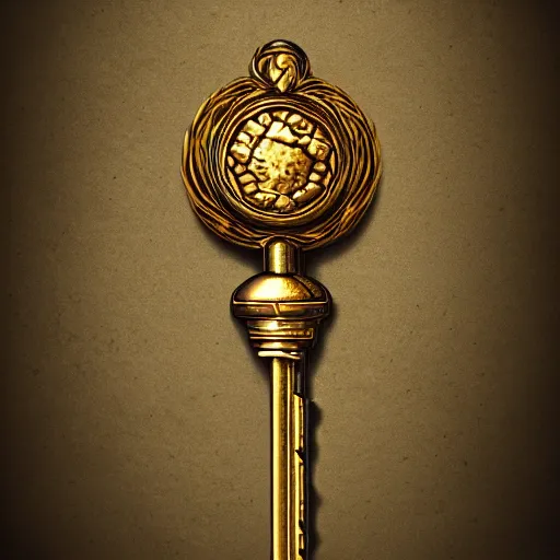 Image similar to medium shot, golden key, fantasy illustration, medieval era, blank background, studio lighting, hand - drawn digital art, 4 k, trending on artstation