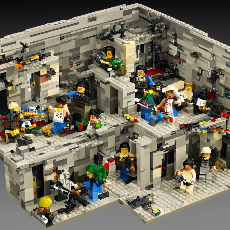 Image similar to fbi raid osama bin laden's final hideout in abbottabad, pakistan lego set product marketing, photorealistic, studio lighting, highly detailed