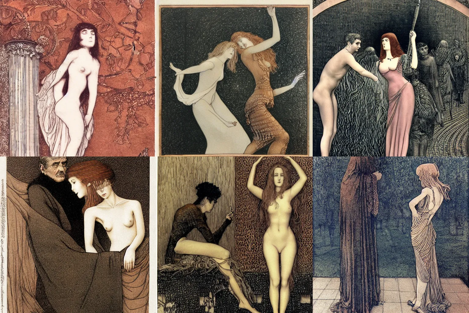 Prompt: knowledge and ignorance. copper engraving by fernand khnopff and milo manara