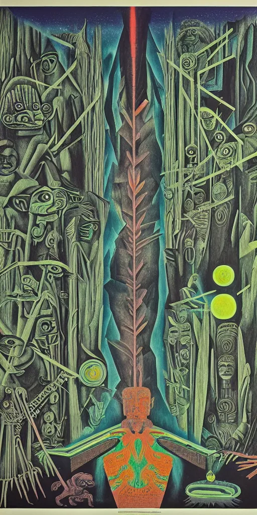 Image similar to 1968 science fiction movie poster, cut out collage, neon mayan, deep winter on Venus, epic theater, deep forest creatures, mountain plants, drawings in part by Diego Rivera, part by Ernst Haekl, text by William S Boroughs, written by Michael Ende