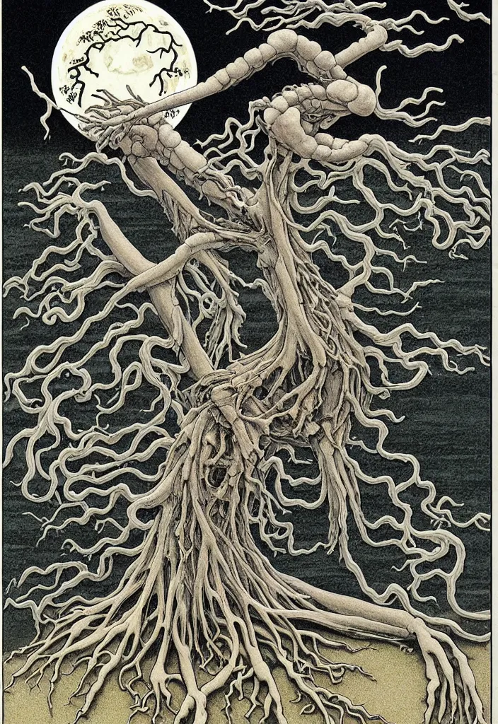 Image similar to prompt: anatomy dissection drawing skeleton Bonsai tree squid creature roots merging into big moon drawn by Takato Yamamoto, bonsai skeleton anatomy atlas, veins and organs attached to tree roots, alchemical objects inspired by 1980's sci-ci, intricate oil painting detail, manga 1980