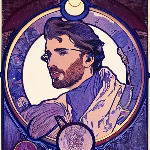 Image similar to chris evans portrait by louis - theophile hingre and alphonse mucha, realistic, sharp focus, zodiac signs, tarot cards, planets, ethereal, art nouveau, magic, moon, sun, crown, dreamy, royal, jewellery