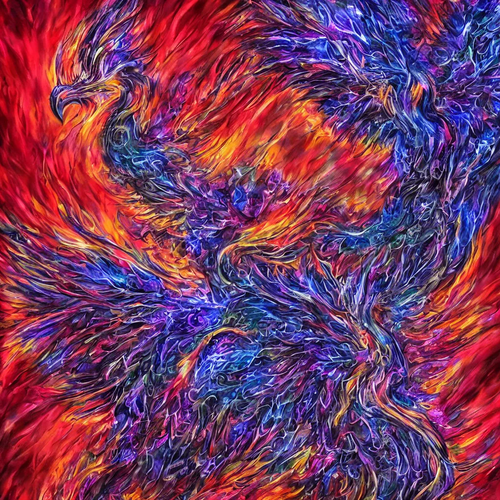 Prompt: phoenix rising up from the ashes, fantasy art, ultra realistic, purple red blue colors, in a huge nest of jewels