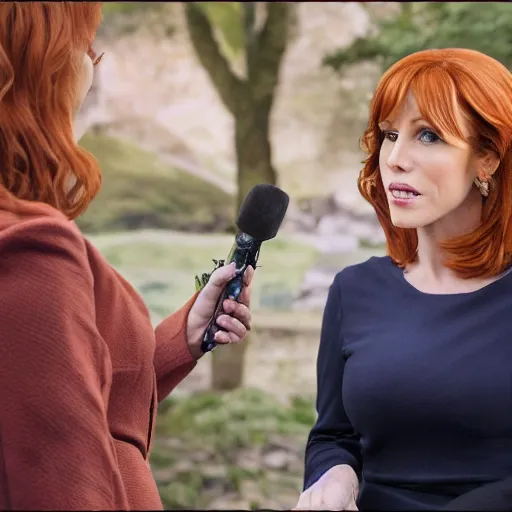 Image similar to stunning portrait painting of news anchorwoman liz claman reporting from rivendell interviewing arwen, lord of the rings movie, by daniella zalcman, directed by peter jackson, highly detailed, canon eos r 3, f / 1. 4, iso 2 0 0, 1 / 1 6 0 s, 8 k, raw, symmetrical balance