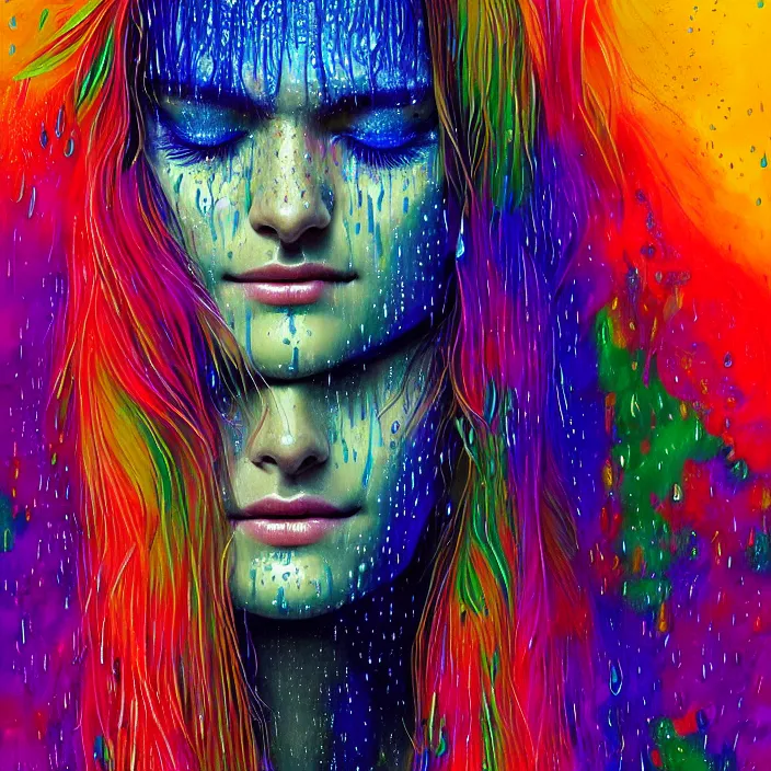 Image similar to bright psychedelic portrait with rain on face and wet hair, wings, smiling, diffuse lighting, fantasy, intricate, elegant, highly detailed, lifelike, photorealistic, digital painting, artstation, illustration, concept art, smooth, sharp focus, art by John Collier and Albert Aublet and Krenz Cushart and Artem Demura and Alphonse Mucha