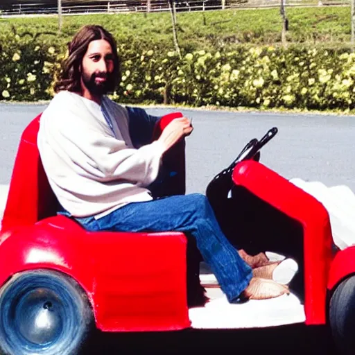 Prompt: Jesus in a bumper car enjoying his day off with the rest of apostles | photo