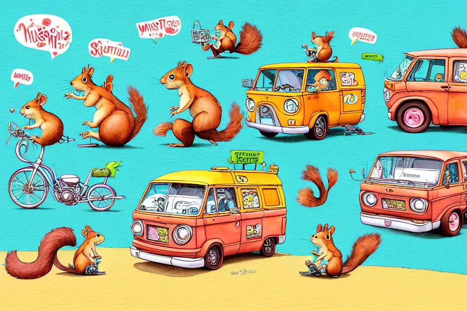 Prompt: cute and funny, squirrel riding in a mystery machine van, ratfink style by ed roth, centered award winning watercolor pen illustration, isometric illustration by chihiro iwasaki, edited by range murata, tiny details by artgerm and watercolor girl, symmetrically isometrically centered, sharply focused
