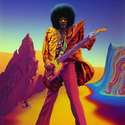 Prompt: colour portrait masterpiece photography of jimi hendrix full body shot by annie leibovitz, ultrawide angle, michael cheval, moebius, josh kirby, weird surreal epic psychedelic complex biomorphic 3 d fractal landscape in background by roger dean and syd mead and kilian eng and beksinski, greg hildebrandt, 8 k