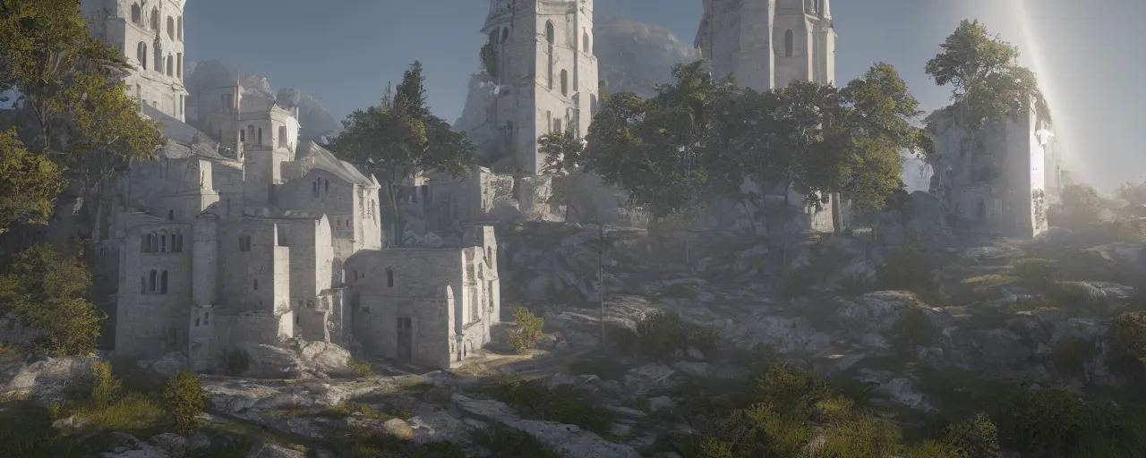 Prompt: white monastery with large tower upon sheer lime cliffs, a ray of sun illuminating, unreal engine 5 render, 8k, dramatic lighting