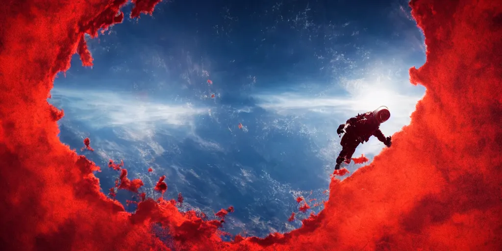 Prompt: an astronaut emerging from an ocean of red water, otherwordly sky, cinematic, 35mm, photography, High definition, 8k, detailed, deprh of field, photorealistic, epic atmosphere
