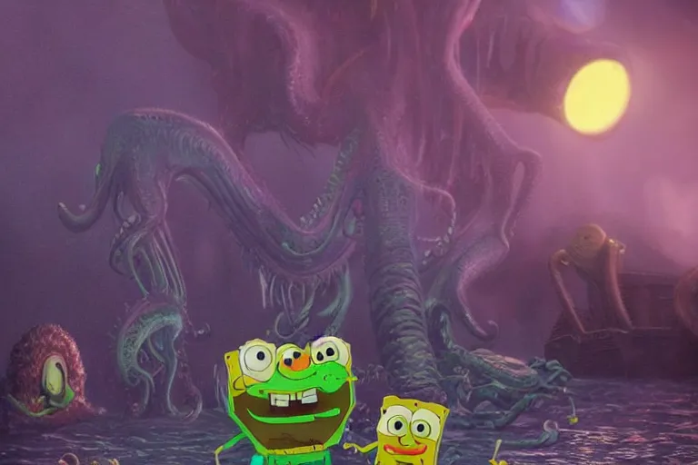 Image similar to Spongebob Cthulhu chimera, photorealistic still from Alien Planet(2005), artstation