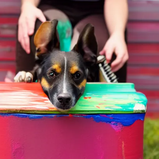 Image similar to a dog plays accordion sitting on the rim of a giant can of paint, its toes dipped into the paint