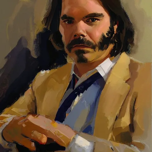 Image similar to a highly detailed beautiful portrait of matt berry as jackie daytona, by gregory manchess, james gurney, james jean