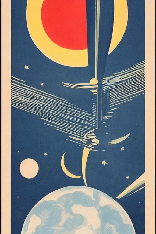 Image similar to poster of the sun and the moon, 1 9 5 0 s style, futuristic design, dark, symmetrical, washed out color, centered, art deco, 1 9 5 0's futuristic, glowing highlights, intense