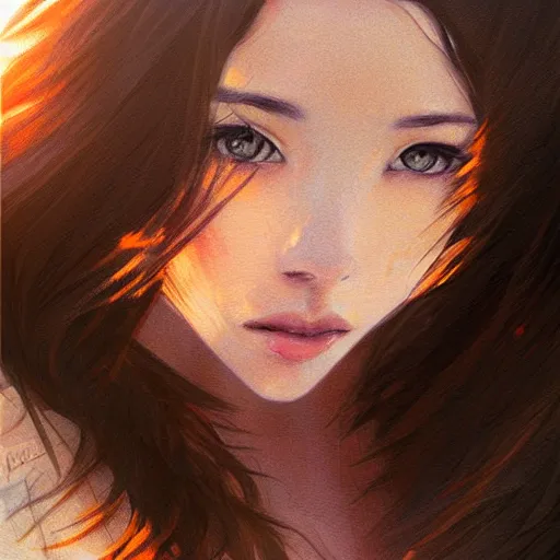 Image similar to portrait of beautiful woman on the beach, brown eyes, sunset, highly detailed, by wlop, rossdraws, artgerm.