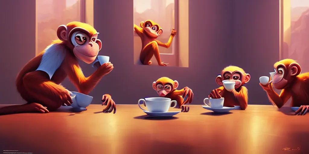 Image similar to hyper detailed ultra sharp of cartoon monkeys drinking coffee. behance hd by jesper ejsing, by rhads, makoto shinkai and lois van baarle, ilya kuvshinov, rossdraws radiating a glowing aura global illumination ray tracing hdr, 8 k