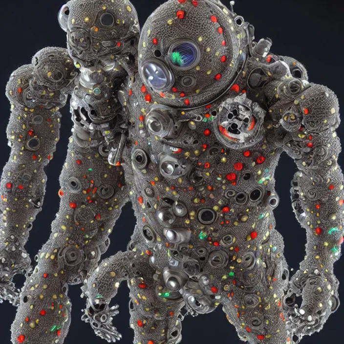 Image similar to a cybernetic symbiosis of a single astronaut mech-organic eva suit made of pearlescent wearing anodized thread knitted shiny ceramic multi colored yarn thread infected with kevlar,ferrofluid drips,carbon fiber,ceramic cracks,gaseous blob materials and diamond 3d fractal lace iridescent bubble 3d skin dotted covered with orb stalks of insectoid compound eye camera lenses orbs floats through the living room, film still from the movie directed by Denis Villeneuve with art direction by Salvador Dalí, wide lens,